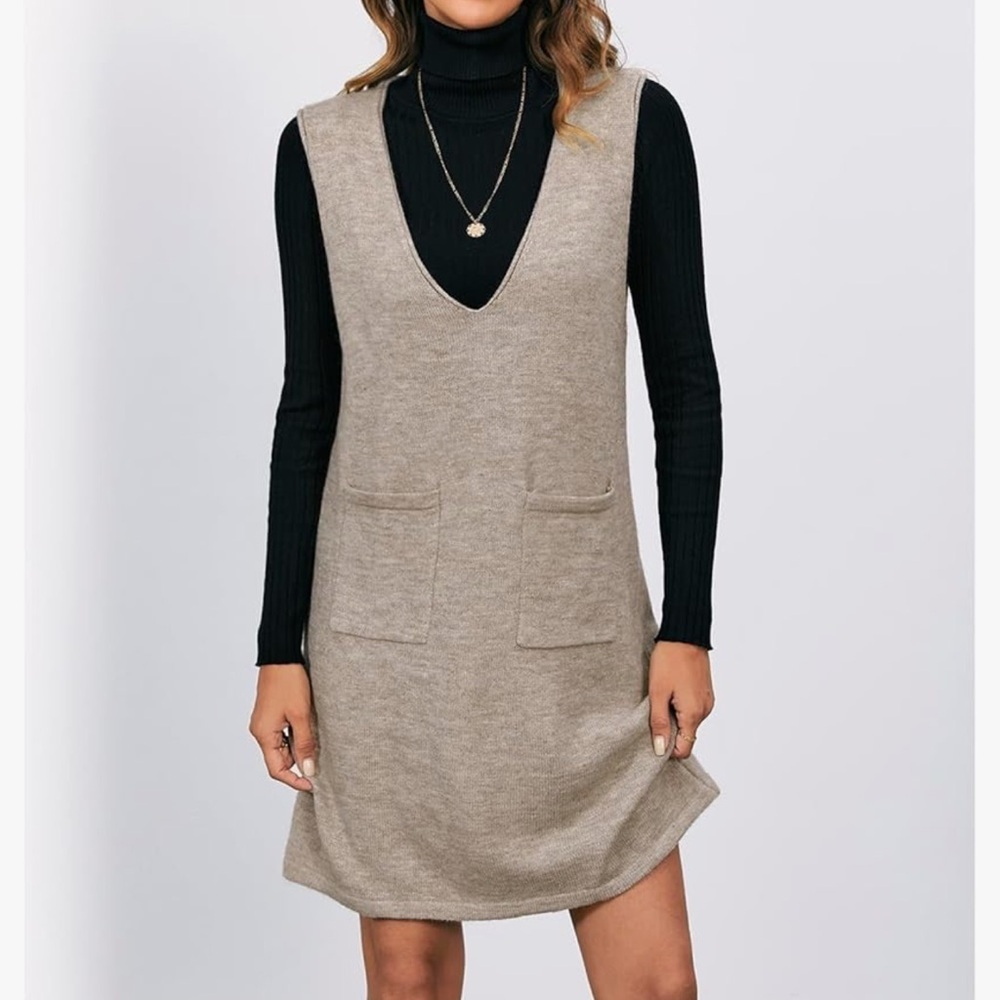 Women's Knitted Solid Sweater Dress V Neck Sleeveless Short with Pockets Brown - Picture 5 of 12